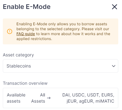 Activation du E-mode depuis le Dashboard Aave v3 Polygon Market