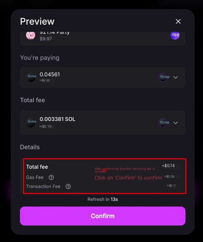 Confirm the Gas and Transaction Fee