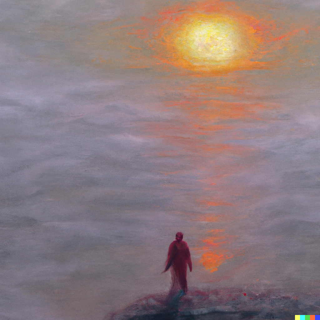 “A person looking towards the sun after walking out of the fog; oil painting” -- Philip × DALL·E (Human & AI) 2022