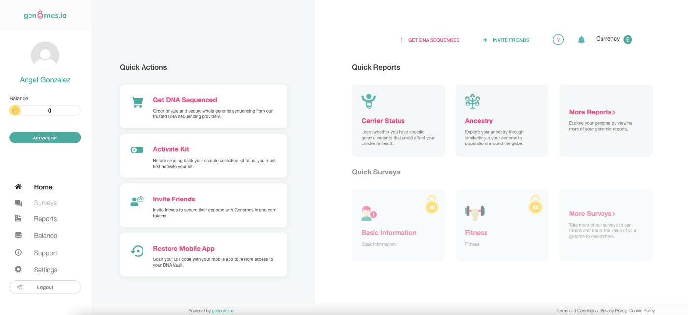 My GenomesDAO account interface