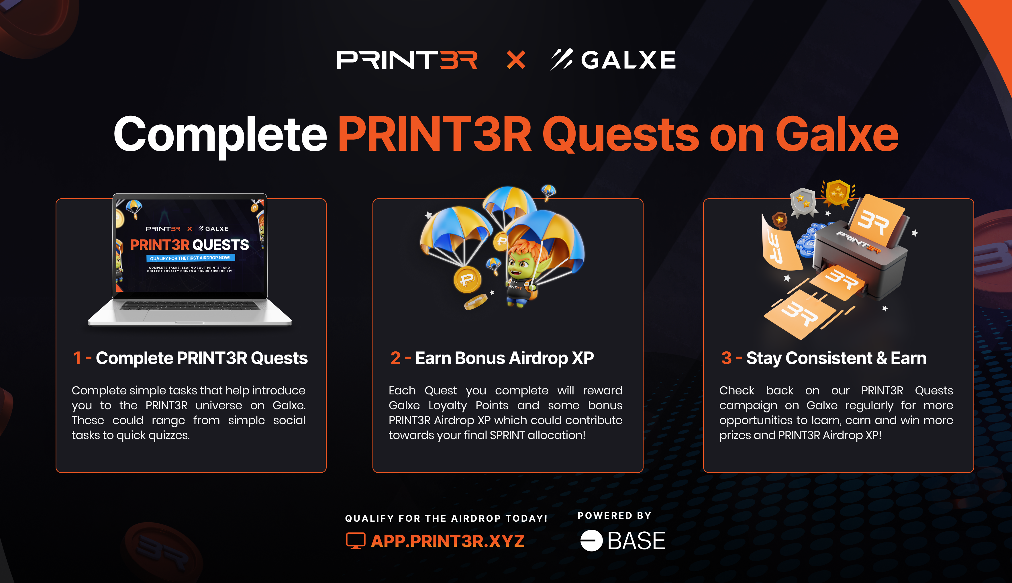 PRINT3R Quests are a simple way to earn bonus XP for the First PRINT3R airdrop on Base.