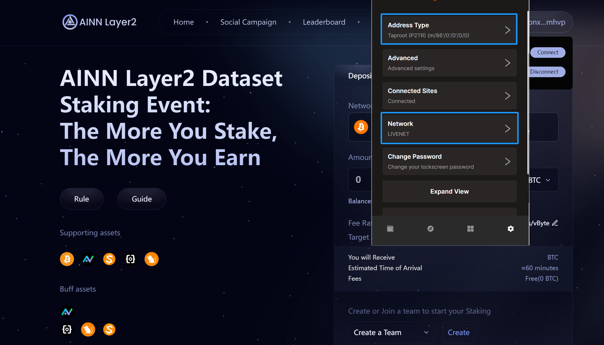 Change the network setting of your Unisat wallet to LIVENET and set the Address to Taproot Address.