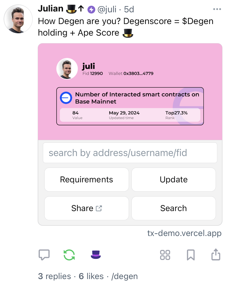 Julian is playing our frame. Source: https://warpcast.com/juli/0x96699089