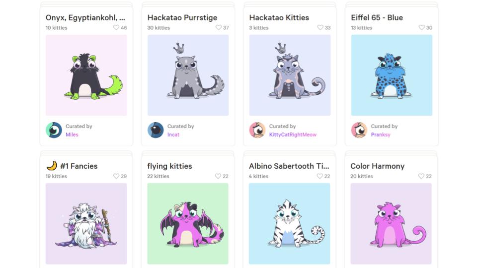 Cryptokitties, uno de los primeros ejemplos de tokens no fungibles en la red de Ethereum.