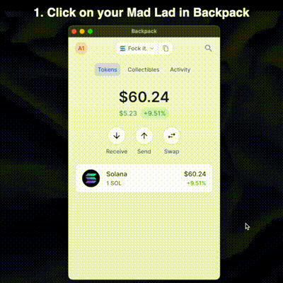 1. Open your Backpack, 2. Click on your Mad Lad Nft, 3. Click Stake, 4. Approve transaction. “easy peasy”