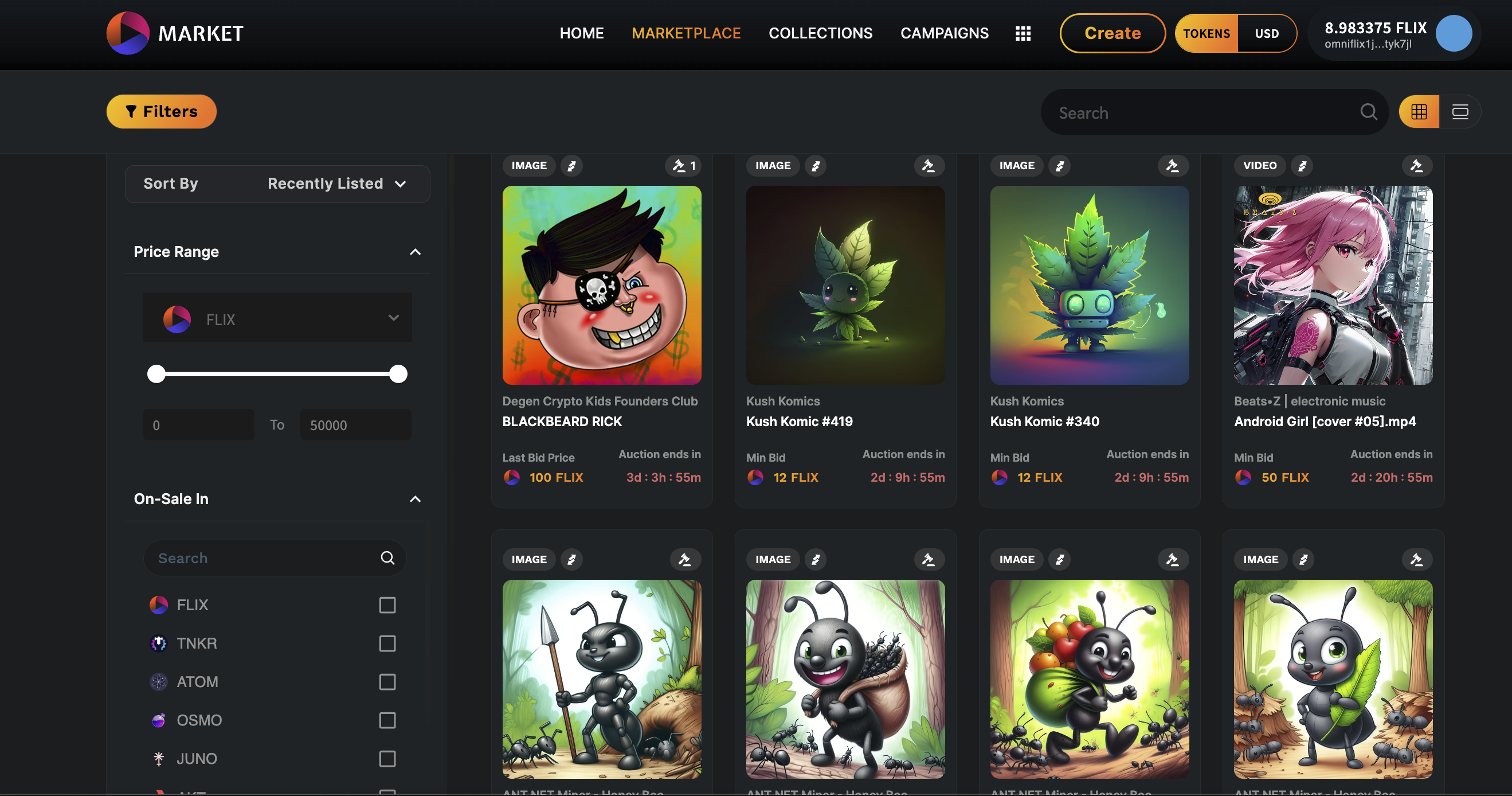 OmniFlix Market Auctions page