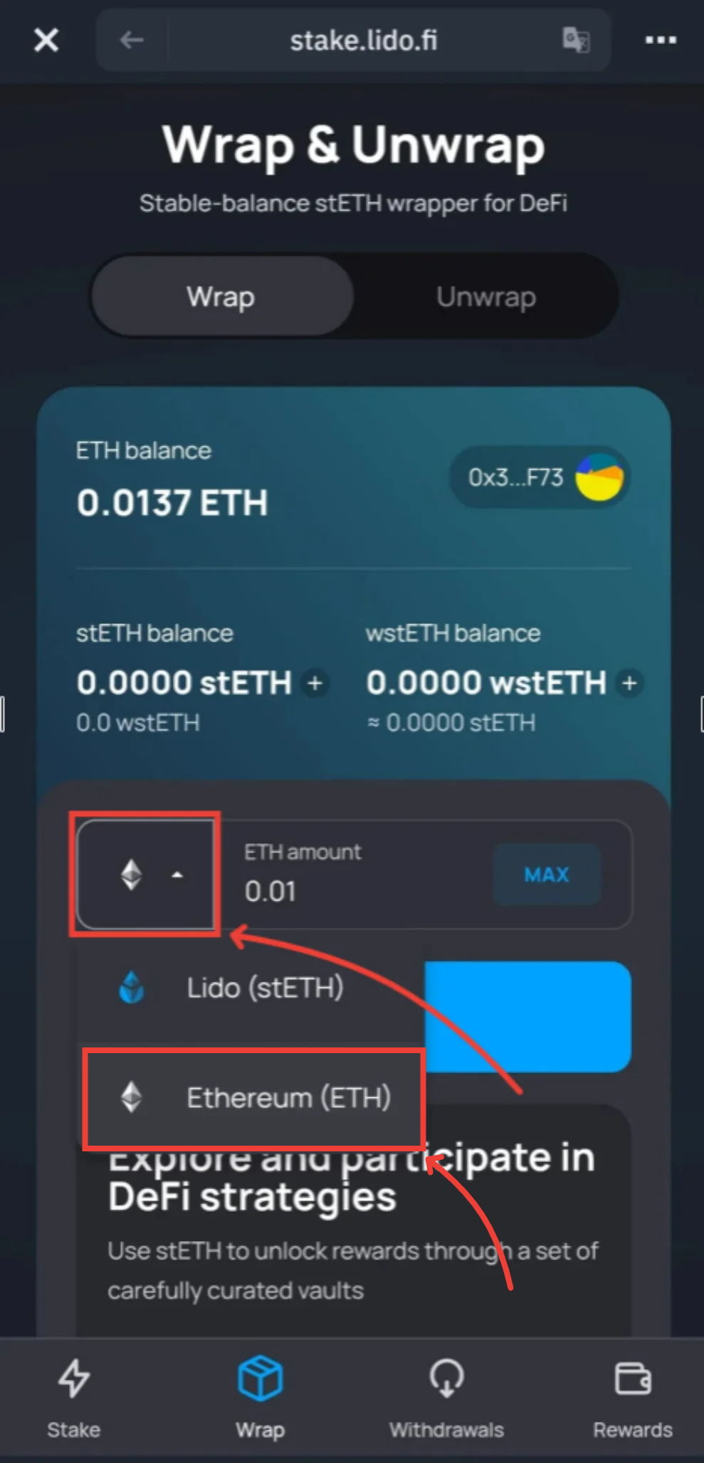 Change from stETH to ETH from the drop down menu