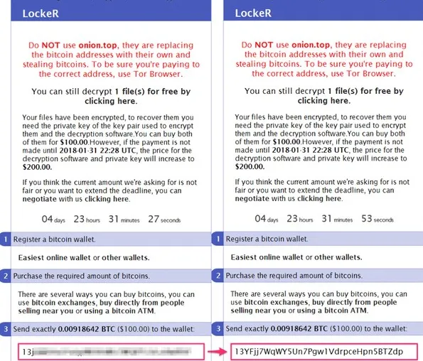 A comparison of ransomware payment instructions highlights Bitcoin wallet addresses and warnings about fraudulent sites replacing wallet addresses.