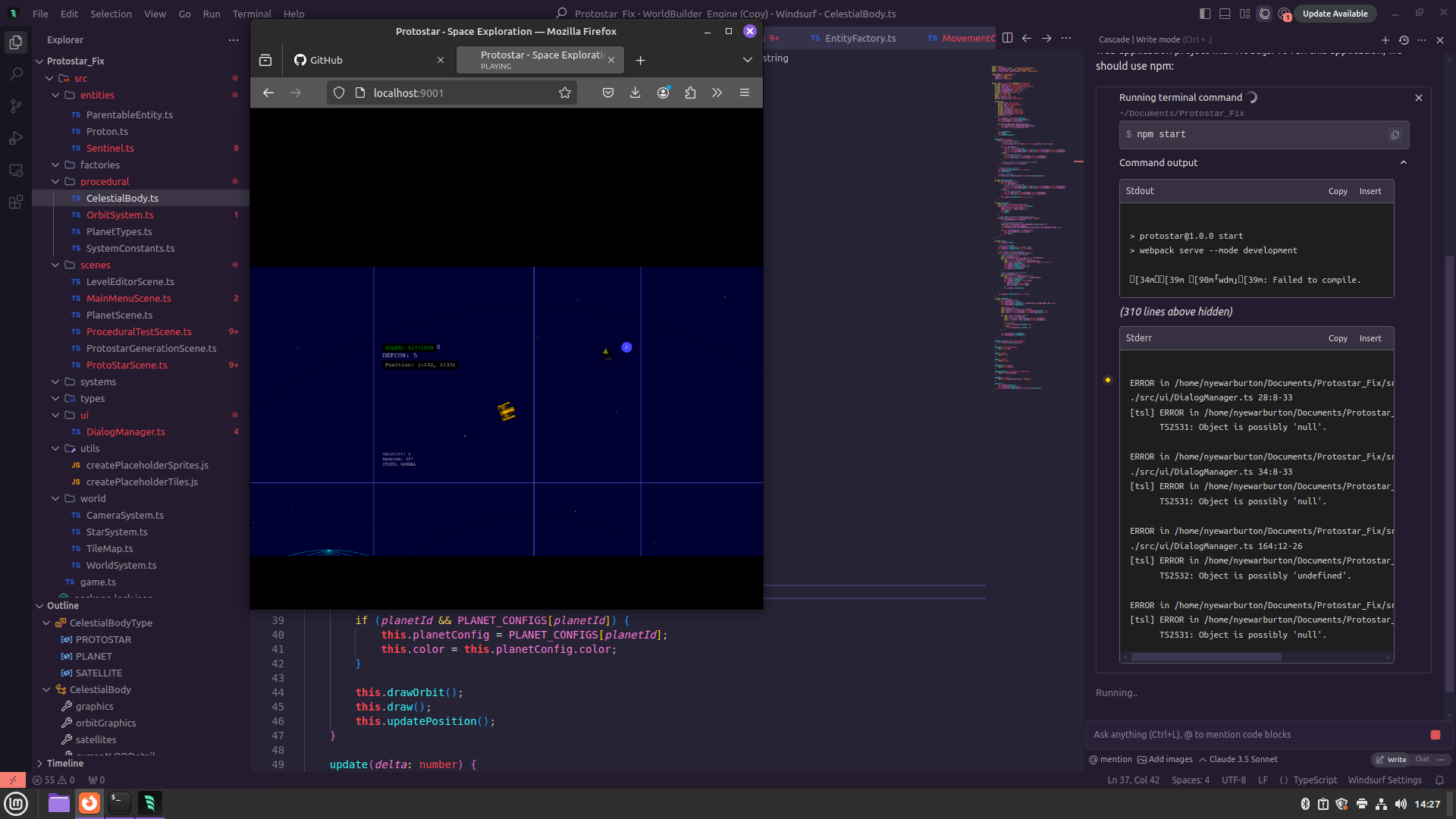I developed the space sim Protostar in Windsurf, an IDE with a coding agent I collaborated with.