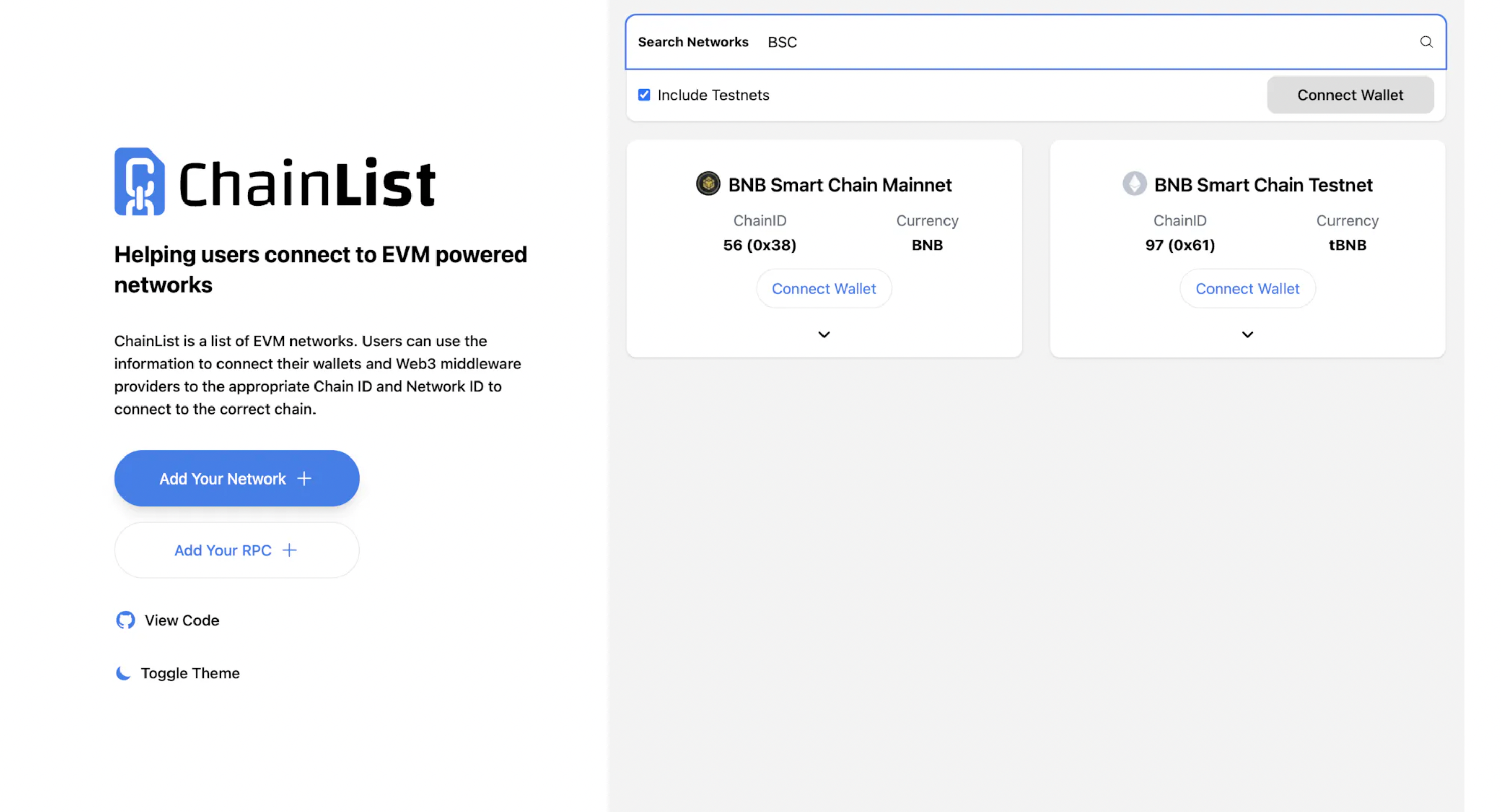 Include Testnet and Add BSC