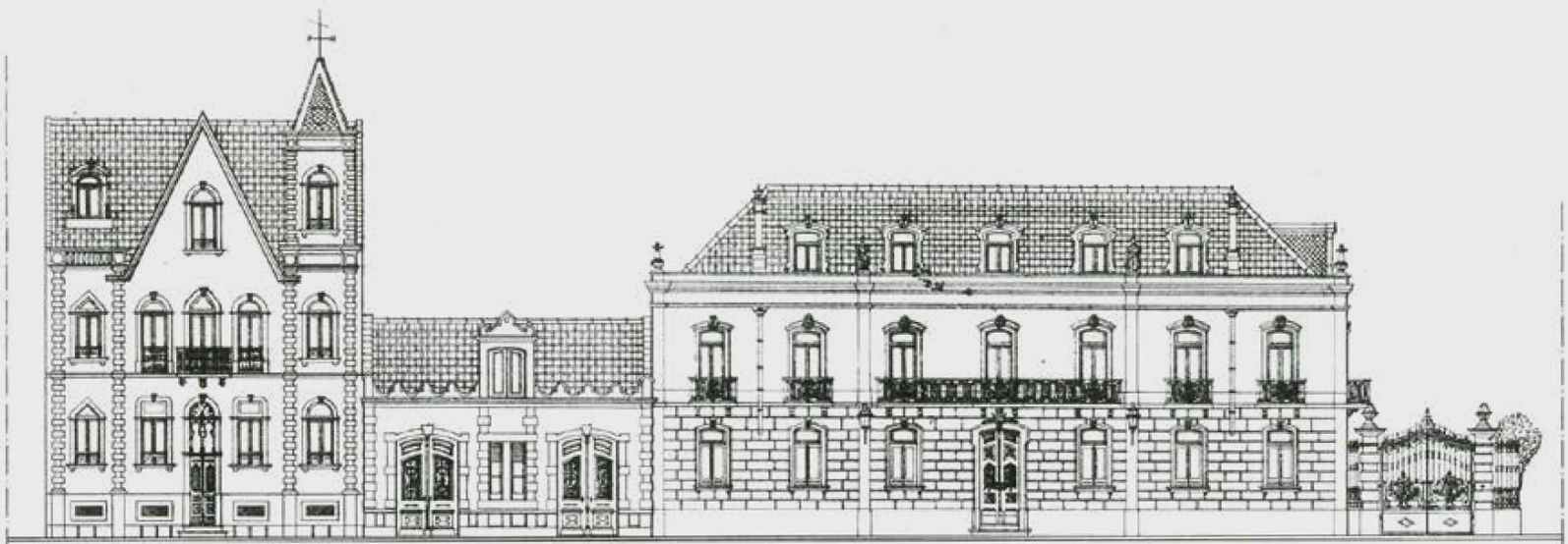 Alçados do “Chalet” Jorge Taylor, das cocheiras e do Palácio António José Gomes. Imagem: Samuel Roda Fernandes, Fábrica de molienda António José Gomes