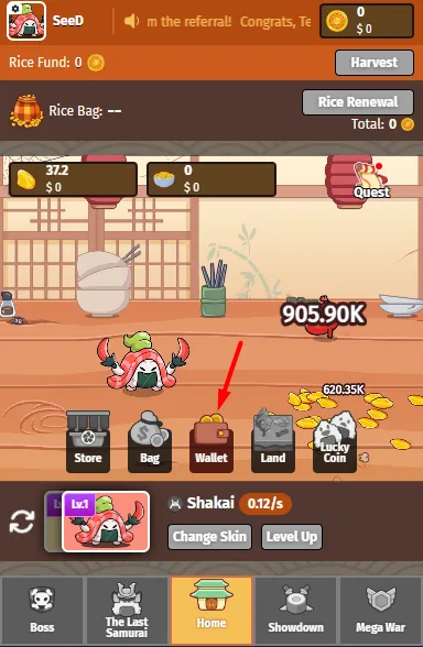 After starting the game, click on the “Wallet” button in the center of the screen.
