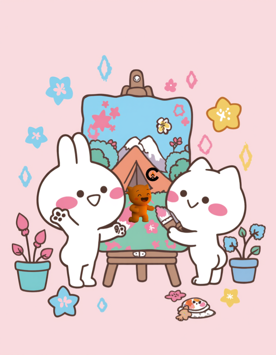 Collaborative PaintingThis artwork portrays Mimi & Neko standing in front of a large canvas, painting a scenic landscape together. It’s a literal representation of co-creation: the characters themselves contribute to the world they live in, just as our community has done through this campaign.