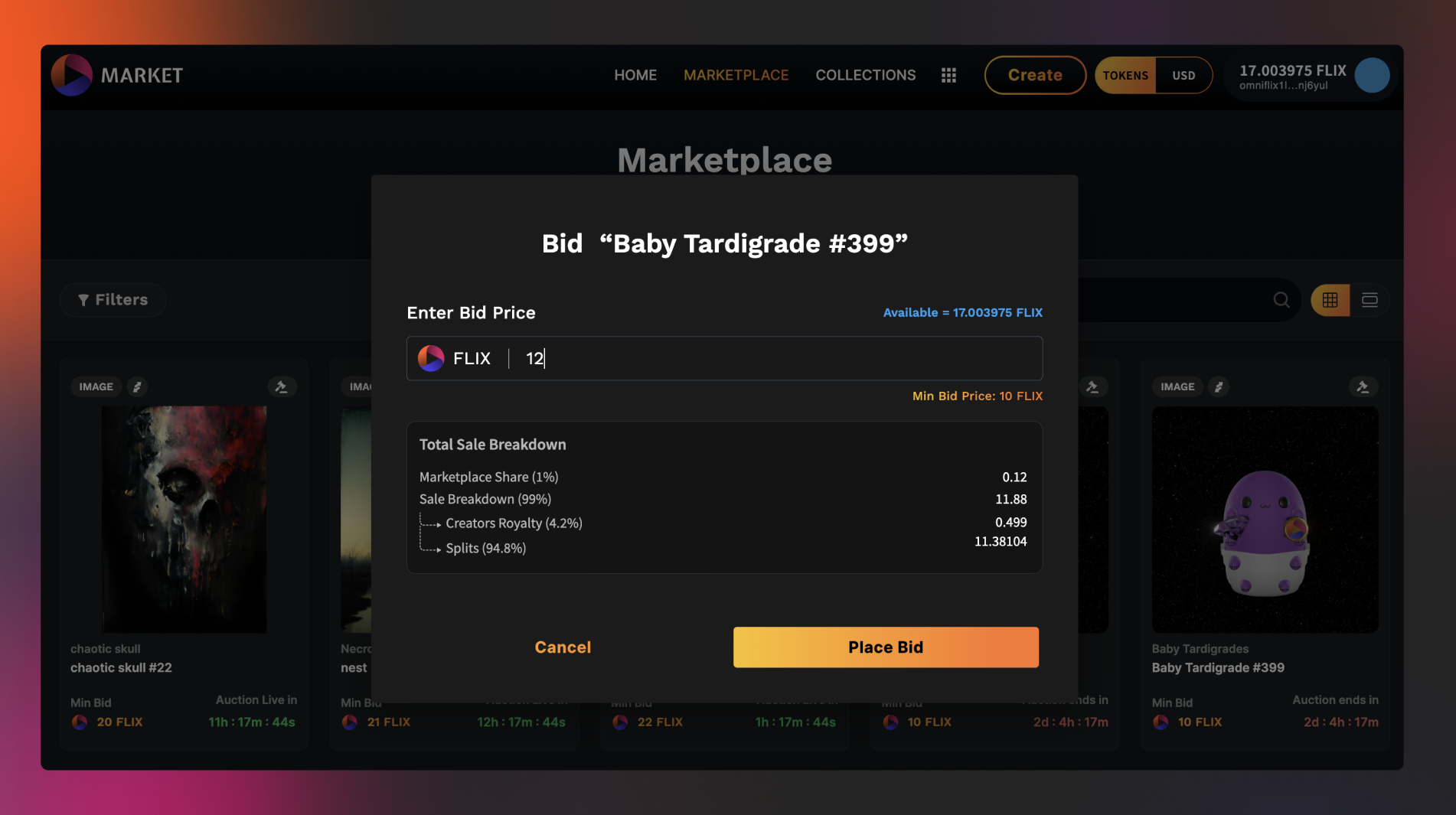 Placing bid on OmniFlix.Market