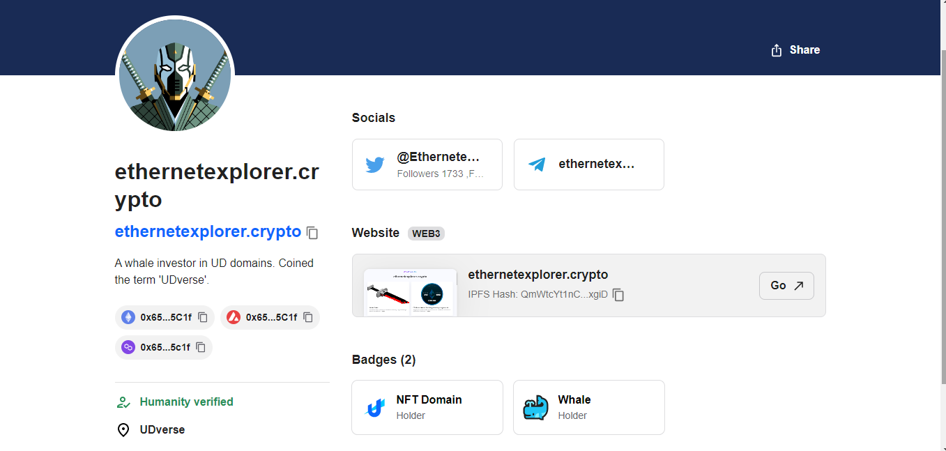 example of an Unstoppable Domains profile with all the bells and whistles