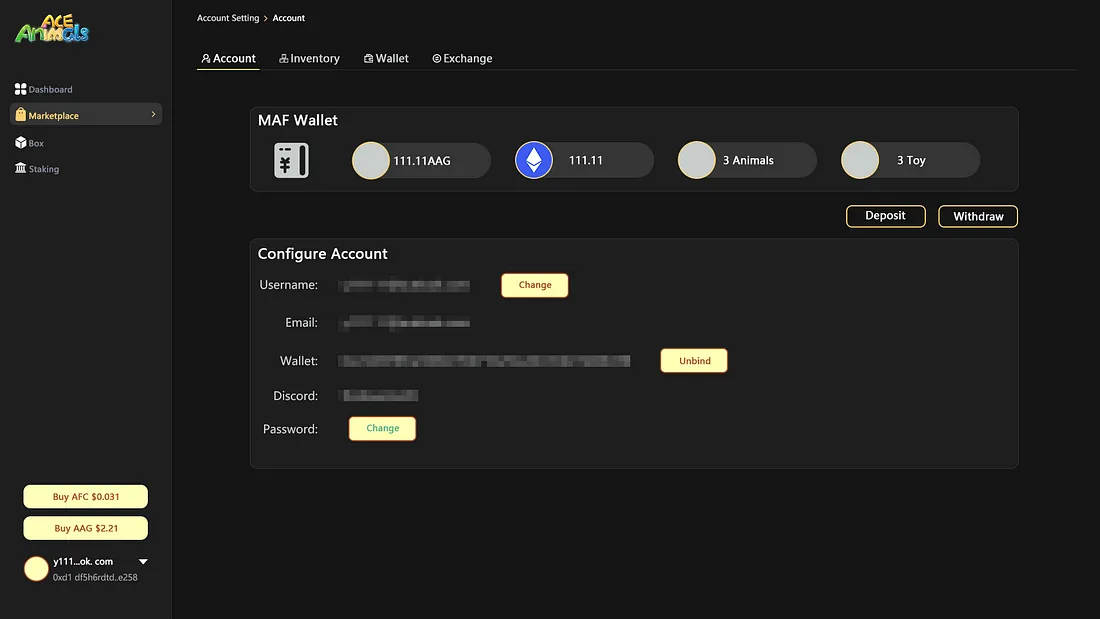 ACE Animals Official Website: Account Setting Interface