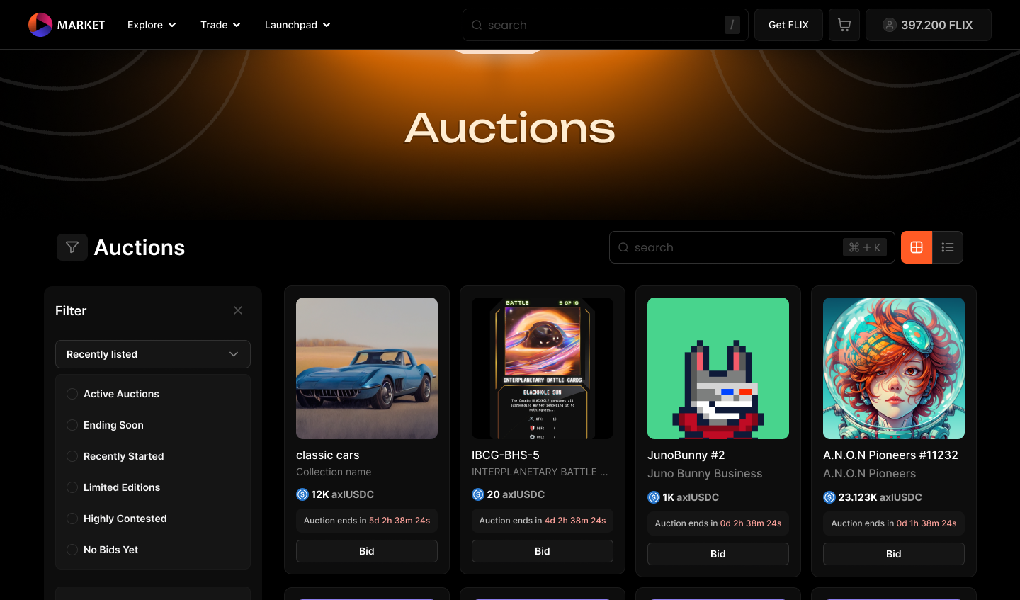 Auctions page with filters to sort the NFTs listed