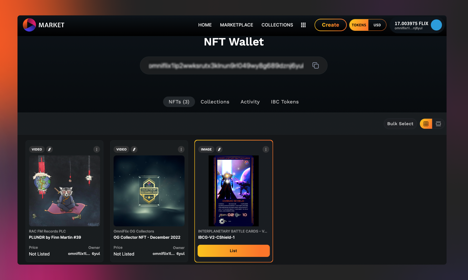 Choose NFT to list for auction in your OmniFlix.Market account