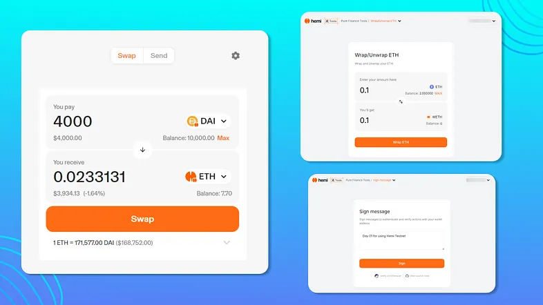 Swap assets on Hemiswap & Sign Signature on Pure Finance