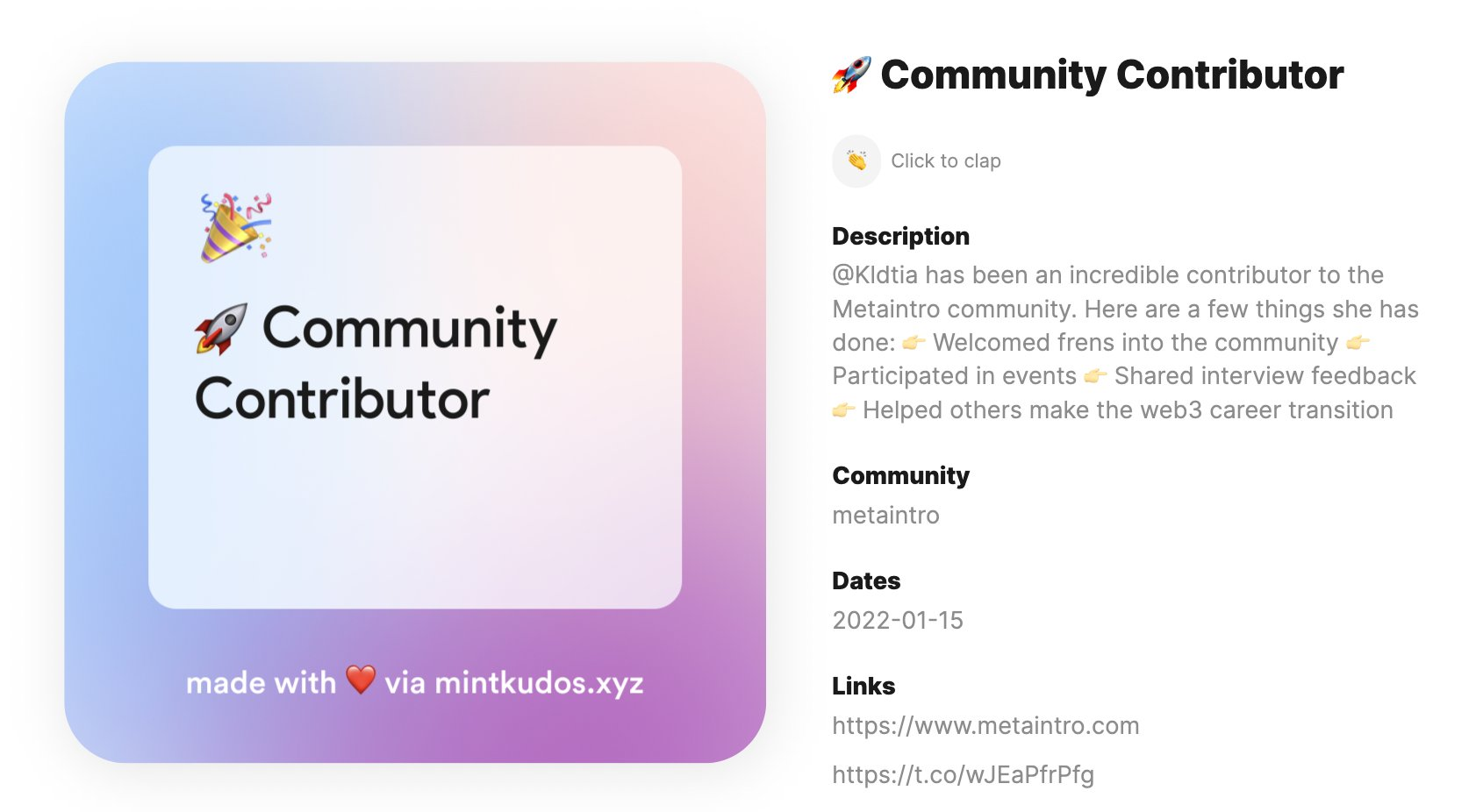 An example of a Kudos NFT, celebrating the contributions of a community member. 