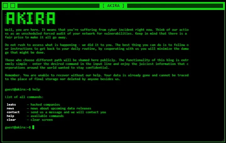 A screenshot of the Akira ransomware interface shows ransom instructions and operational commands designed to coerce victims into compliance. Source: Threat Brief: Understanding Akira Ransomware, Qualys.