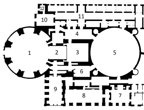 1 – Igreja; 2 – Capela-mor; 3 – Retrocoro; 4 – Antecoro; 5 – Claustro; 6 – Sala do capítulo; 7 – Cozinha; 8 – Refeitório; 9 – Sacristia; 10 – Portaria; 11 – Dormitório; 12 – Torre sineira. 