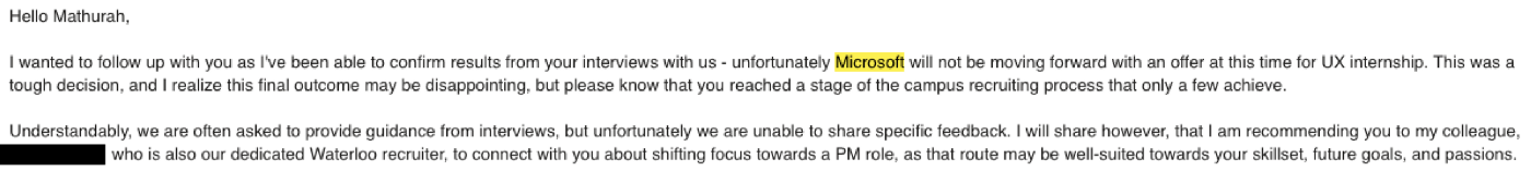 Email from the recruiter letting me know I didn’t get the role