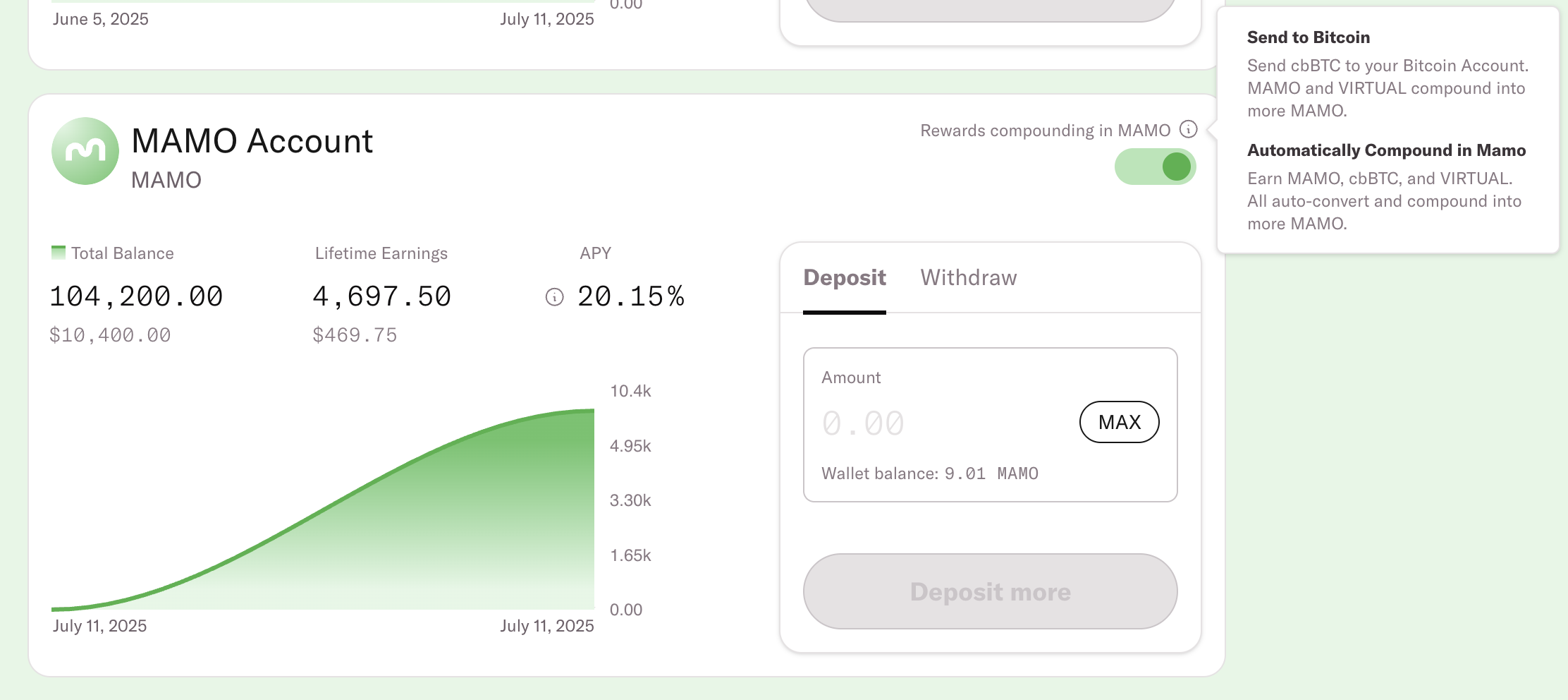 Let Mamo auto-compound all rewards, or send Bitcoin rewards to your Bitcoin Account