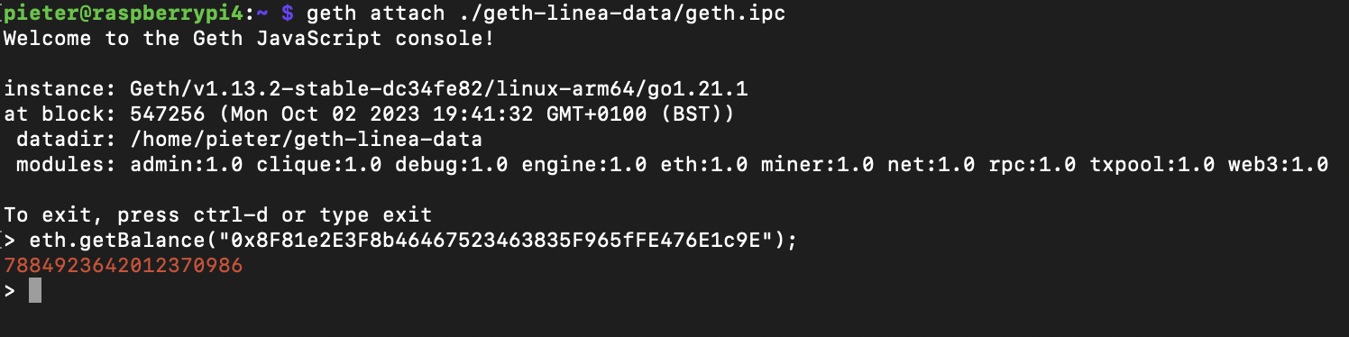 Running eth.getBalance() in the Geth console.