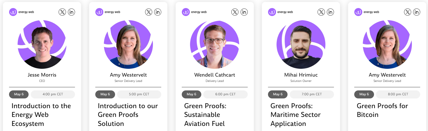 The speakers from Day 1 of Energy Web Dive 2024, each presenting on key topics within the Energy Web Ecosystem. 