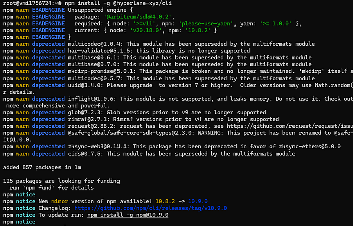 What's happening: We're installing the Hyperlane client using npm.You can safely ignore any warning messages displayed during the installation process.