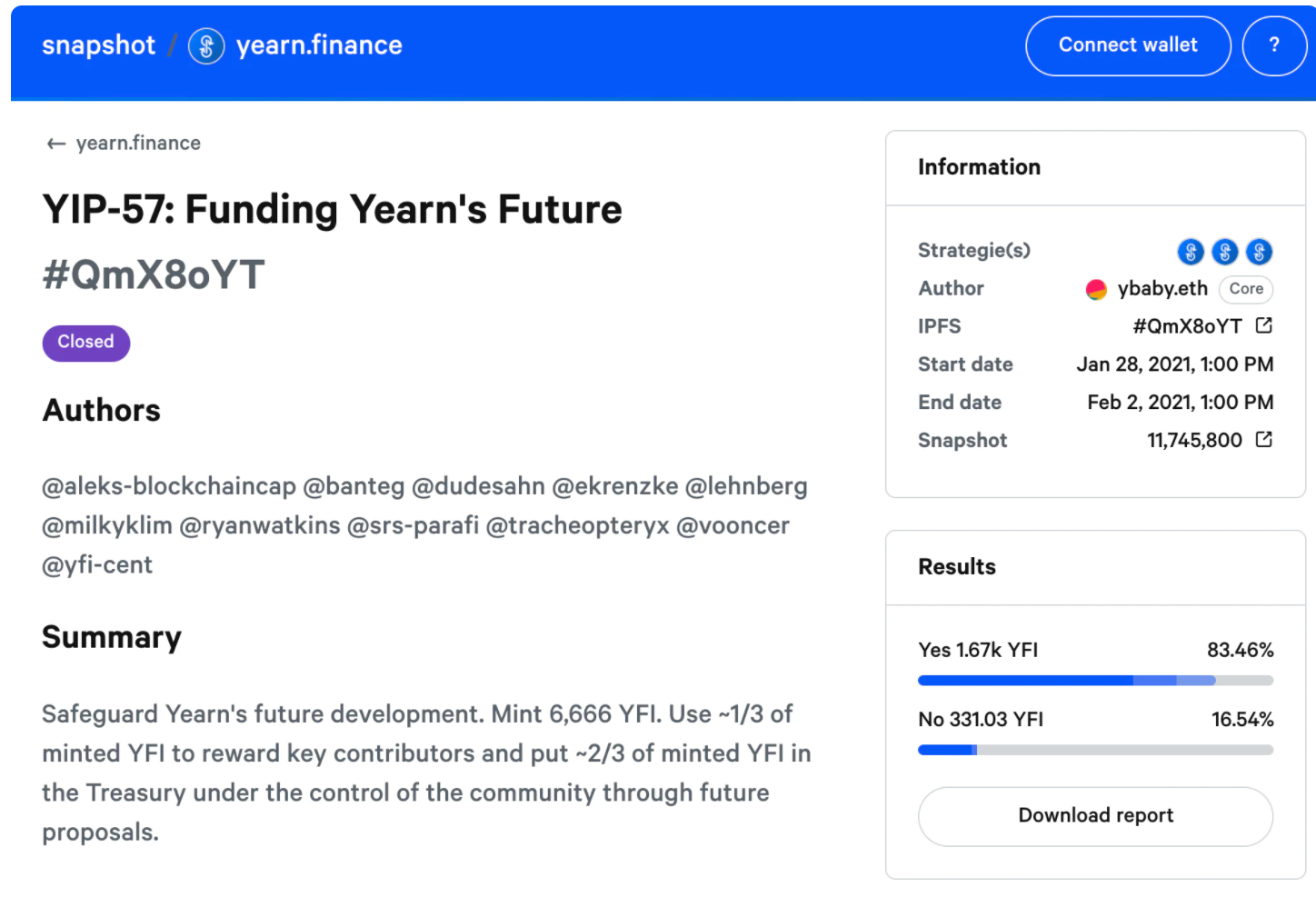 Yearn.Financeでのプロポーザル投票の為のスナップショットページ