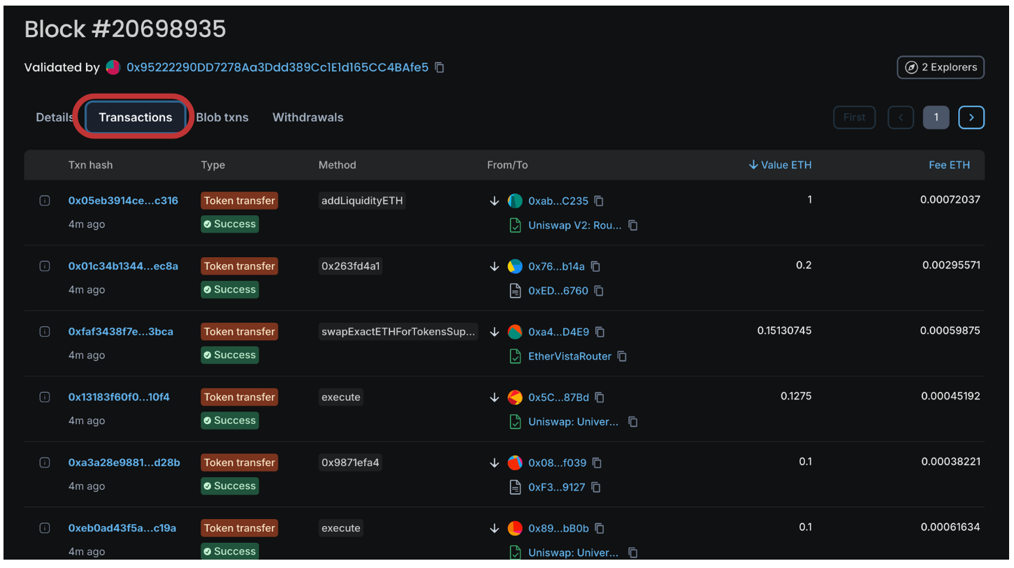Related Transactions for the selected block