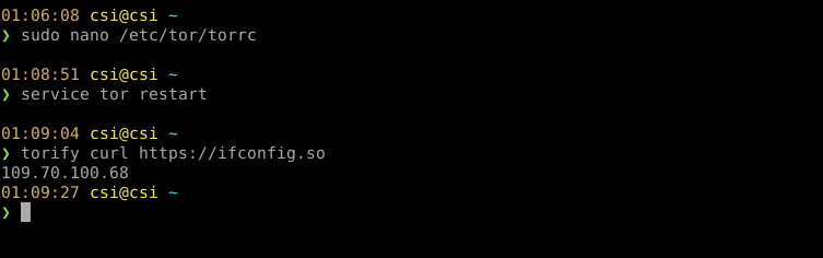 Figure 4. A terminal display showing a user editing the Tor configuration file, restarting the Tor service, and using curl with Torify to fetch an IP address.