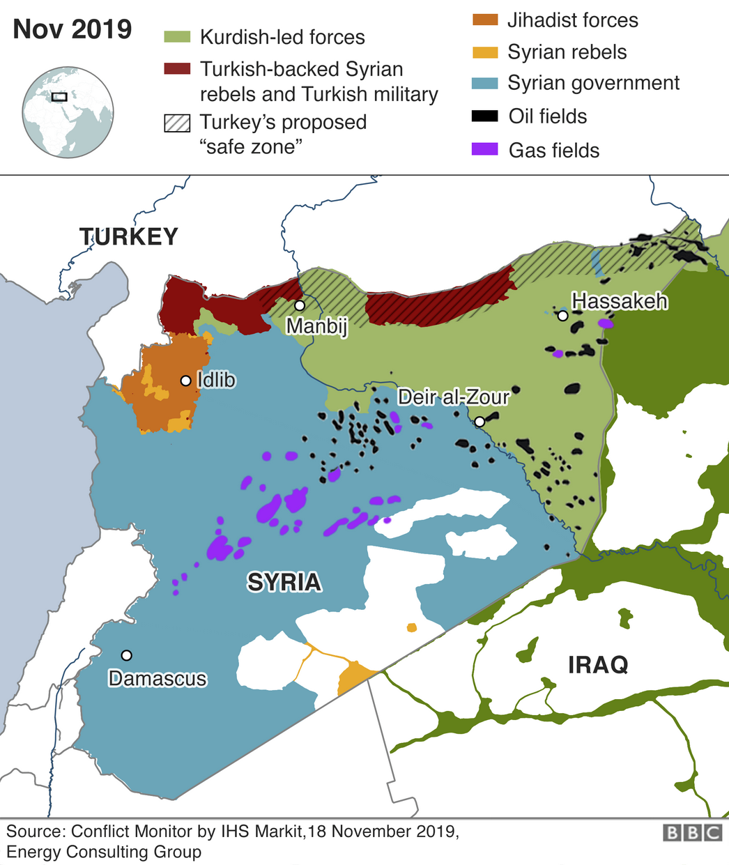 Control territorial de la República Árabe Siria y de sus yacimientos de hidrocarburos (Foto: BBC)