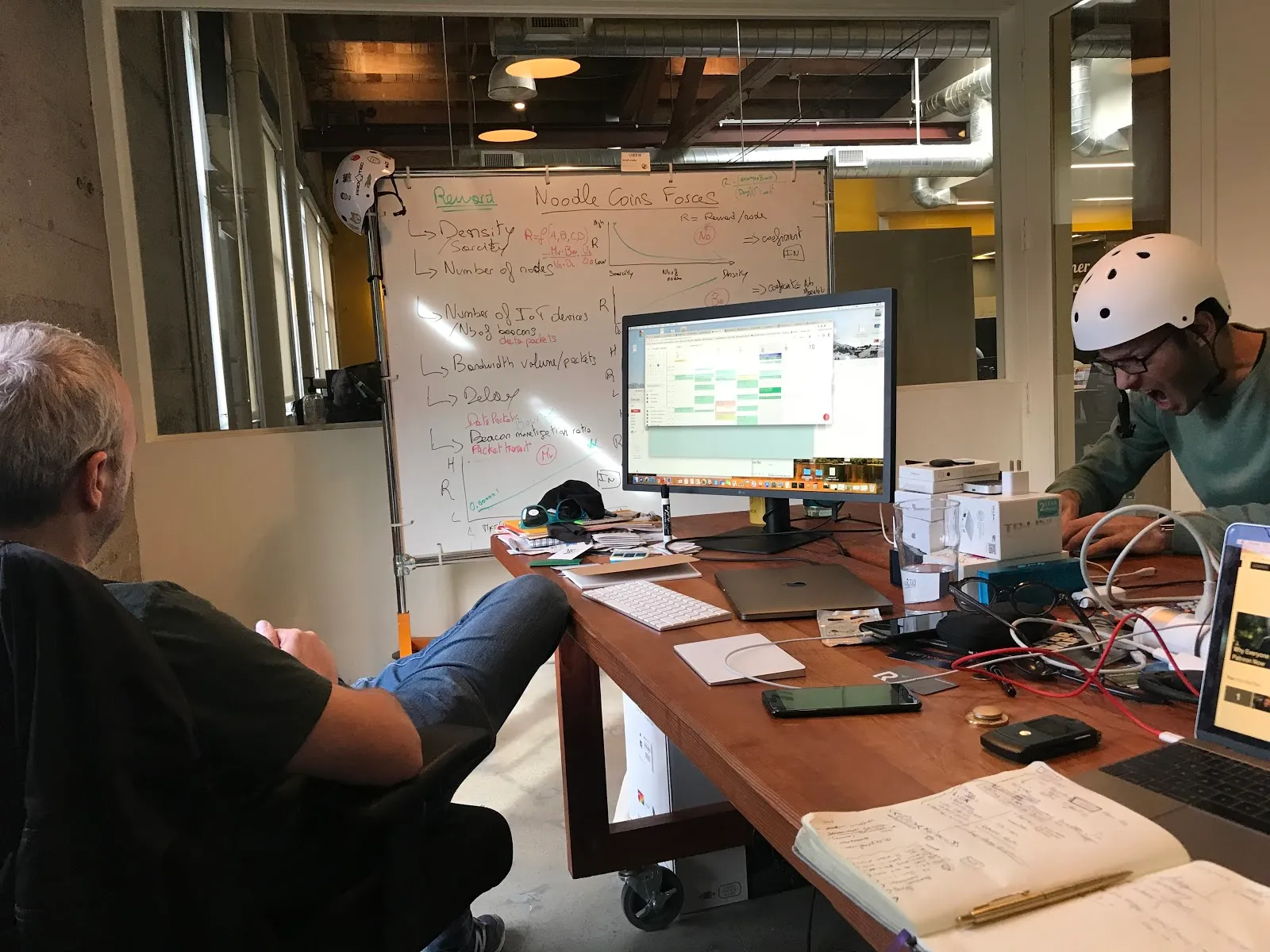 Whiteboarding sessions at the first Nodle Office, with Nodle’s first Investor Sergio Mello (right) Back then the startup was in stealth mode and the tokens were called Noodle Coins.