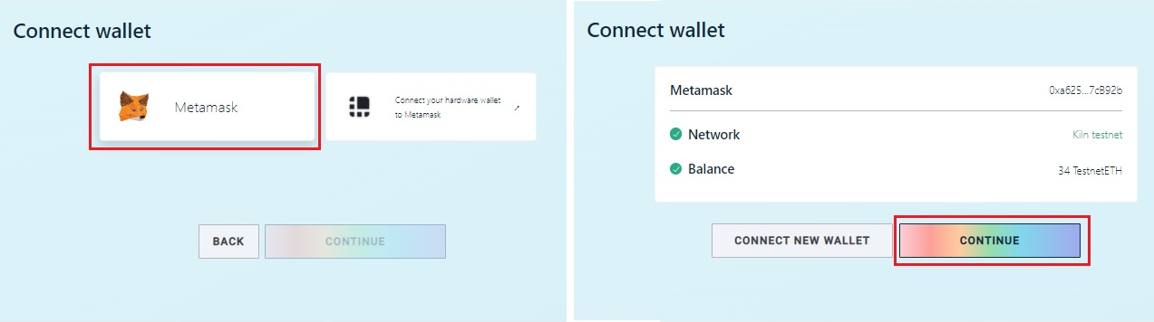 Kết nối ví Metamask, chọn " Continue ".
