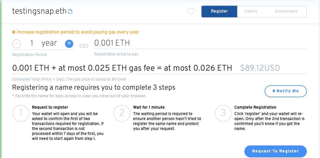 ENS App where users register for their ENS domain name.