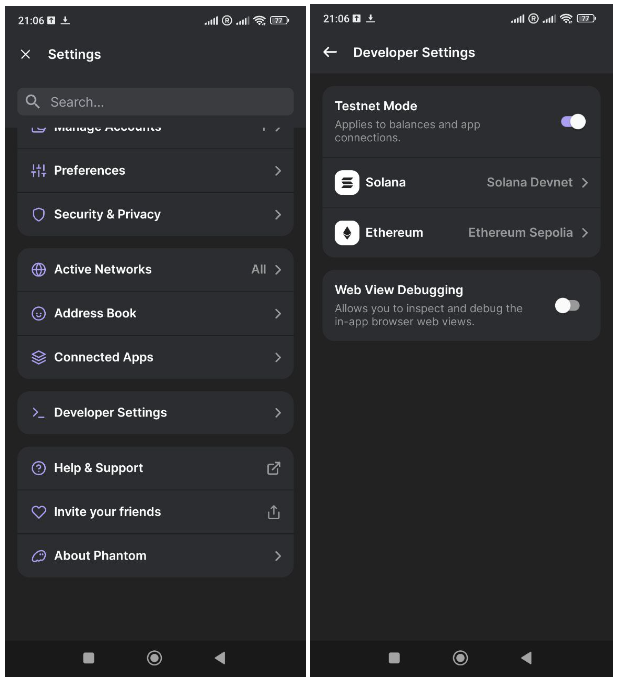 Switch to the Testnet mode from the Developer Settings menu