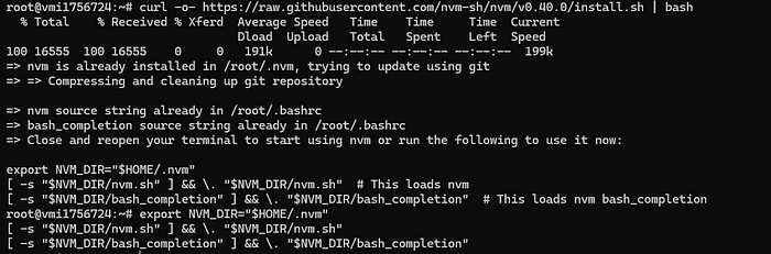 What's happening: We're installing NVM, a tool that allows us to manage multiple versions of Node.js on our system. We're also installing the latest version of Node.js.