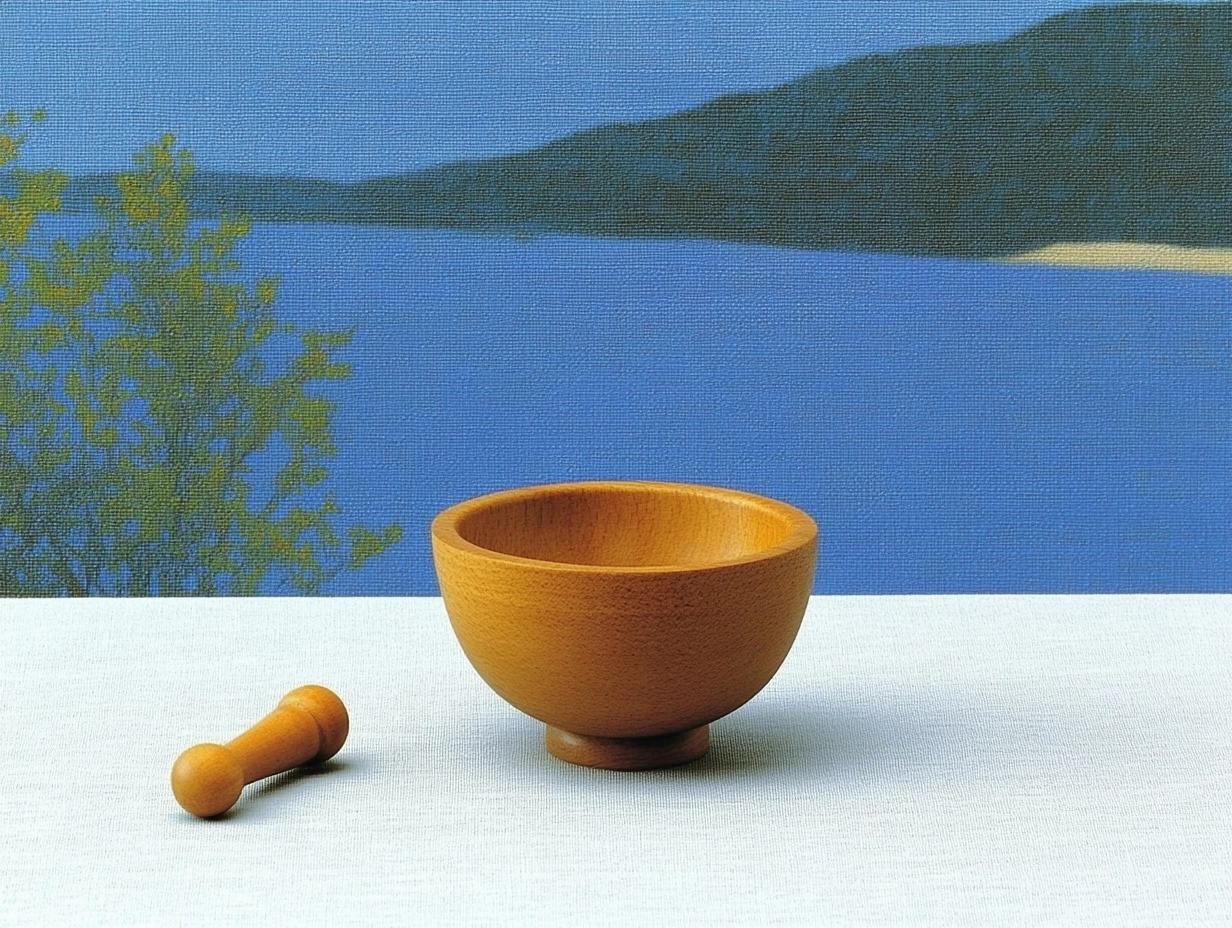 A mortar and pestle made of wood --ar 4:3 --sref 192163 --sw 1000 --stylize 1000