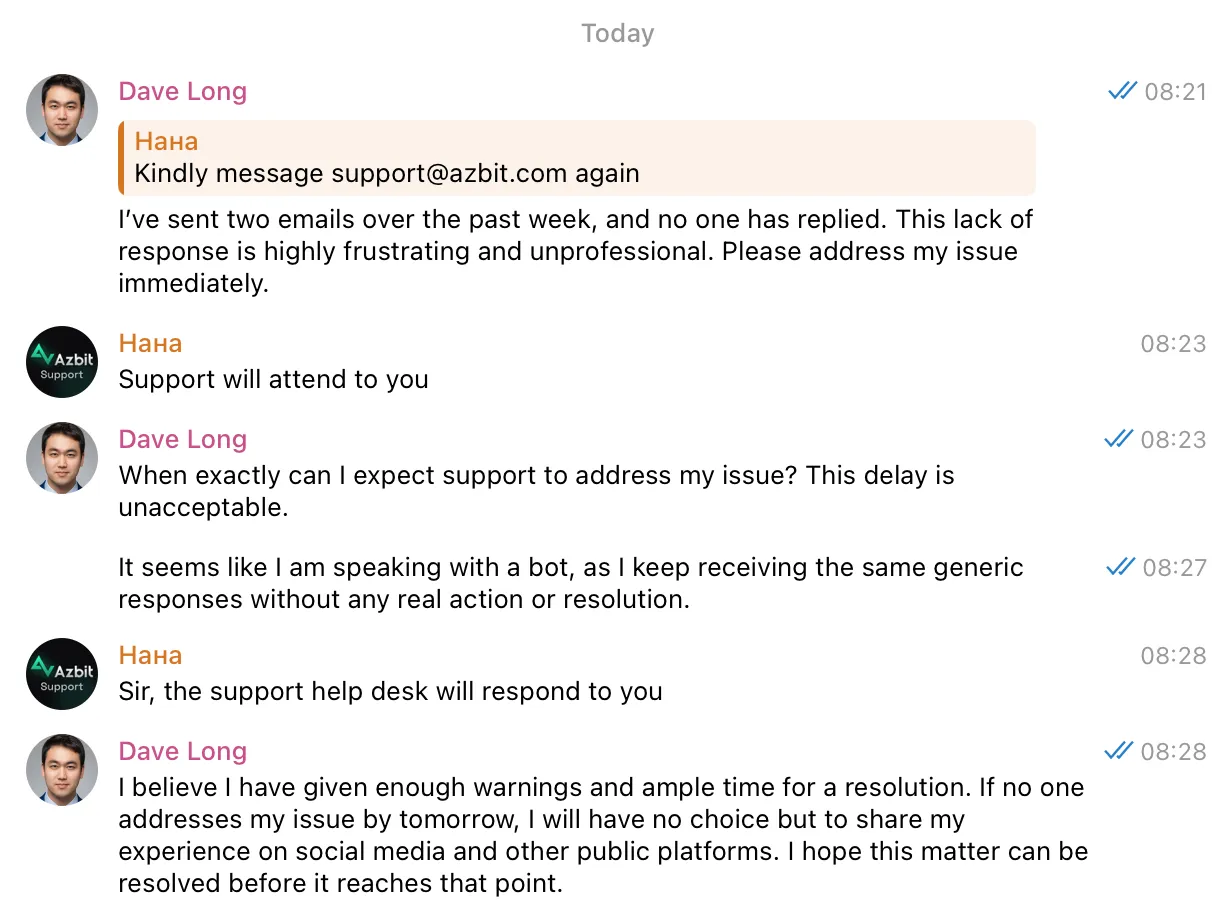 Telegram chat with the admin
