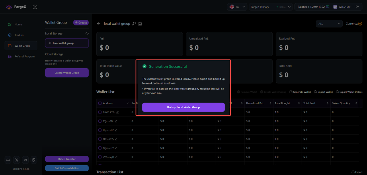 ForgeX.tool -> Wallet Group -> Create Wallet Group
