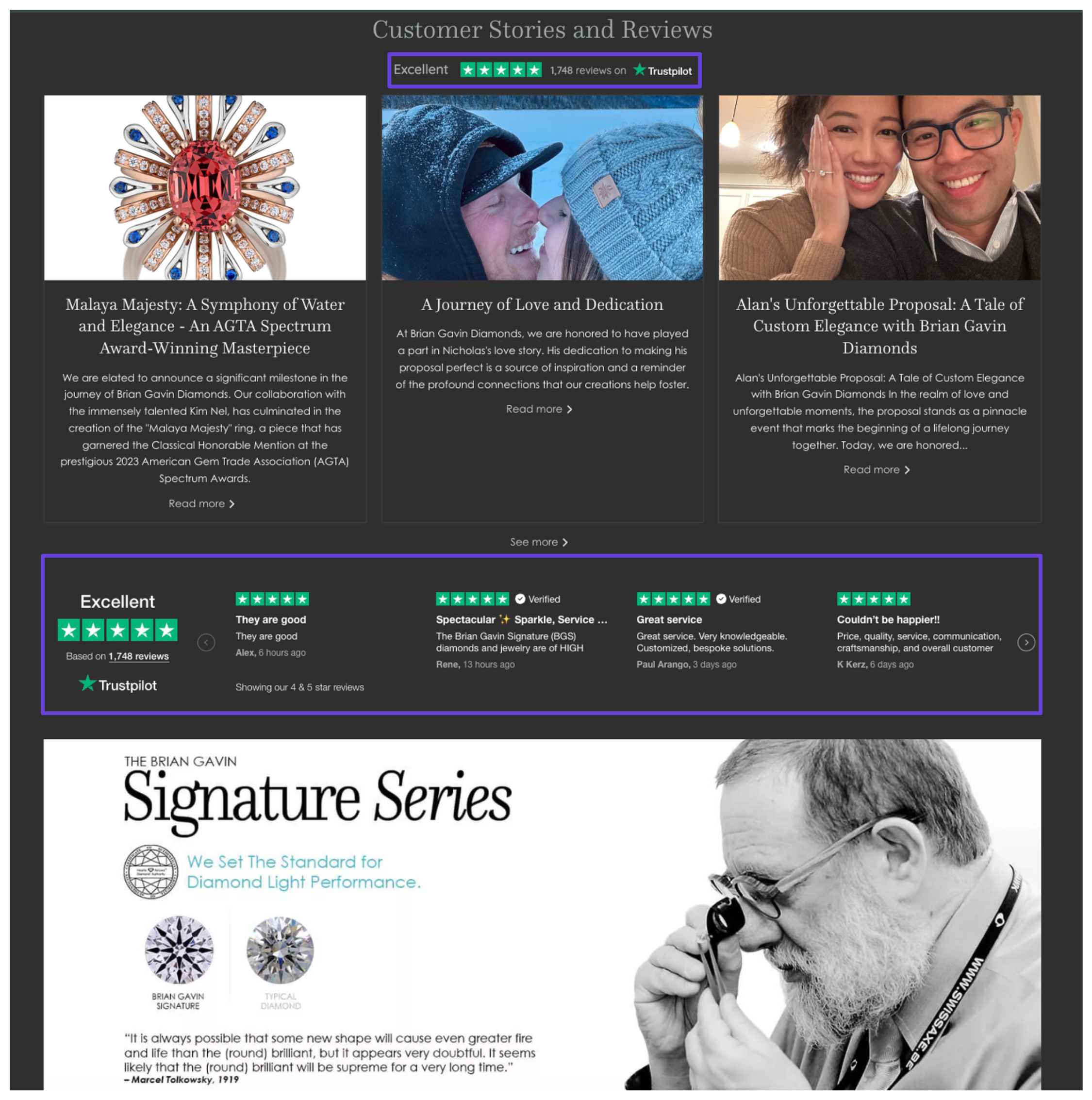 Brian Gavin Diamonds integrates their TrustPilot score onto their website to help their customers understand they are a reputable dealer