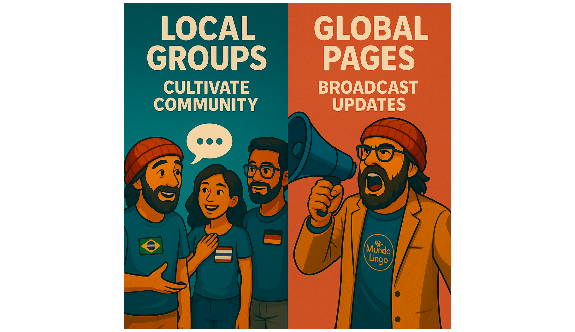 Local Groups 💬 have community (Members talk a lot)Global Pages 📡 broadcast marketing (We talk a lot)