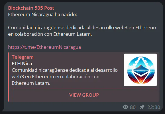 Screenshot from Blockchain 505 Telegram´s announcements channel