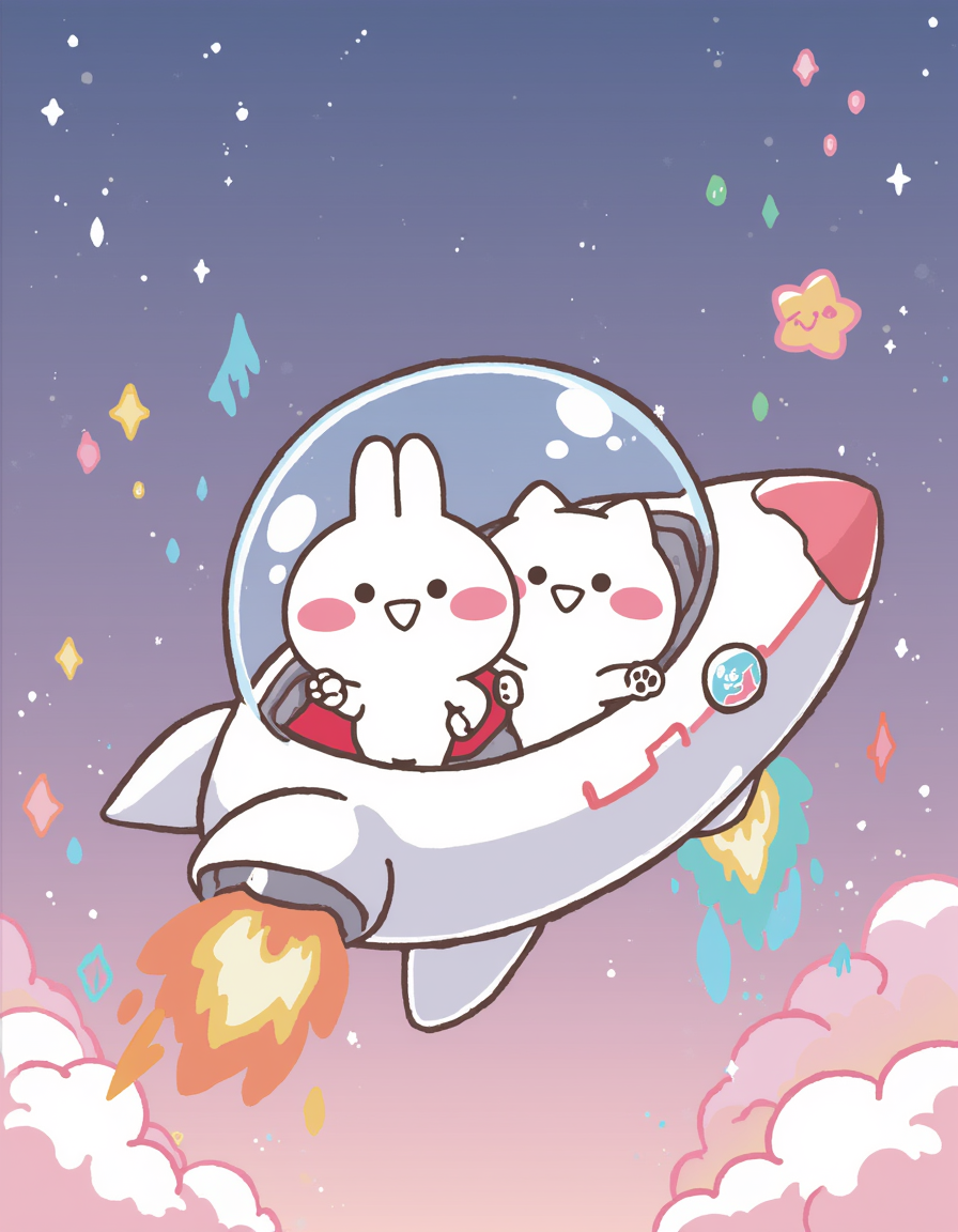 Space AdventuresIn this remix, Mimi & Neko blast off in a rocket ship, framed against a deep galaxy sky dotted with stars and planets. The vibrant colors and expressions highlight their adventurous spirit and bring a sense of motion.