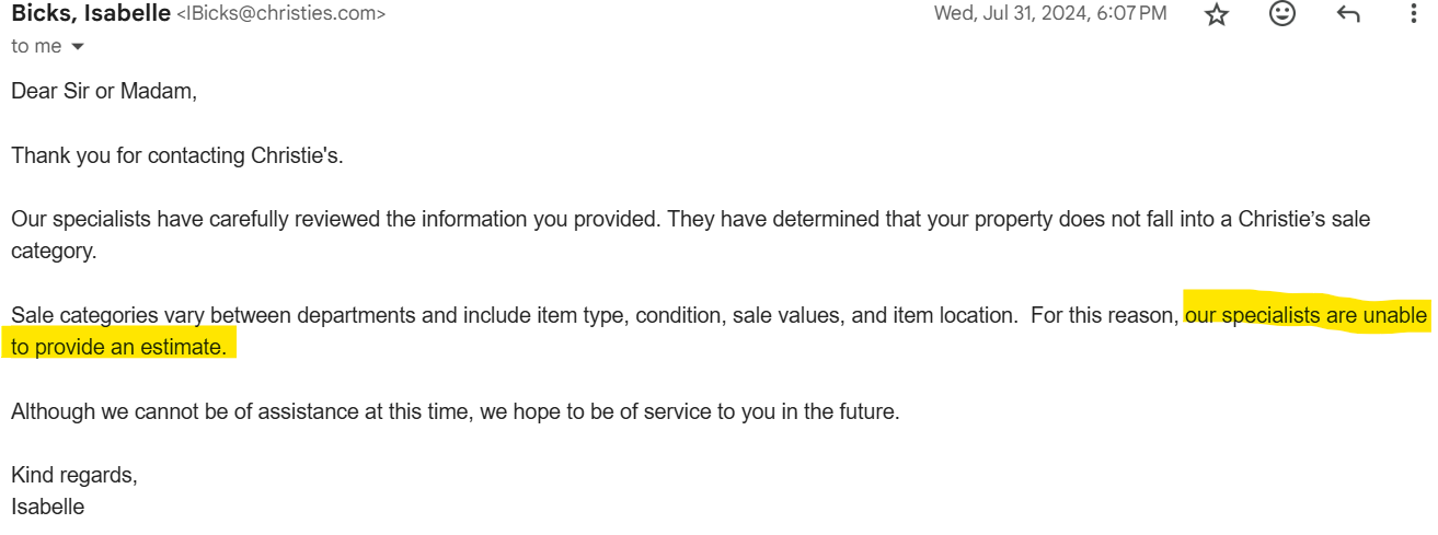 Email reply from Christie's.