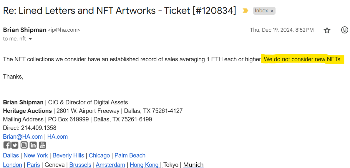 Email reply from Heritage Auctions...again.